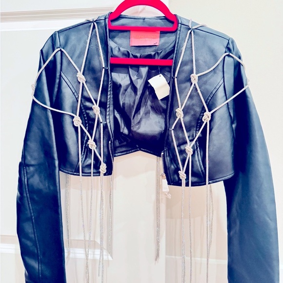 Azalea Wang Jackets & Blazers - Black Faux Leather Jacket With Glitter Rope Detailing